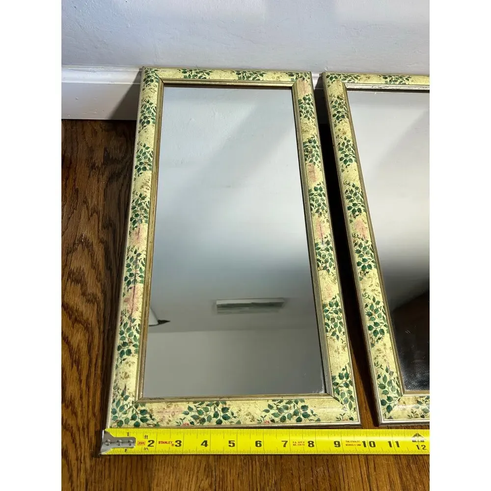 Vintage Floral Mirror Set of 2, Gold Tone Wall Mirrors, Green with pink Frames